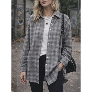 SLA The Label Women Oversize Plaid Tunic Top Size S Button Up Gray Casual Grunge
